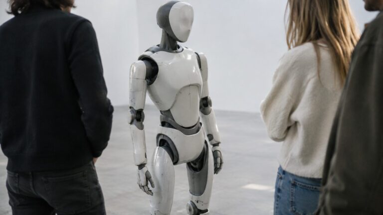 Humanoid robot turning its upper body toward one of three people standing around it in a studio