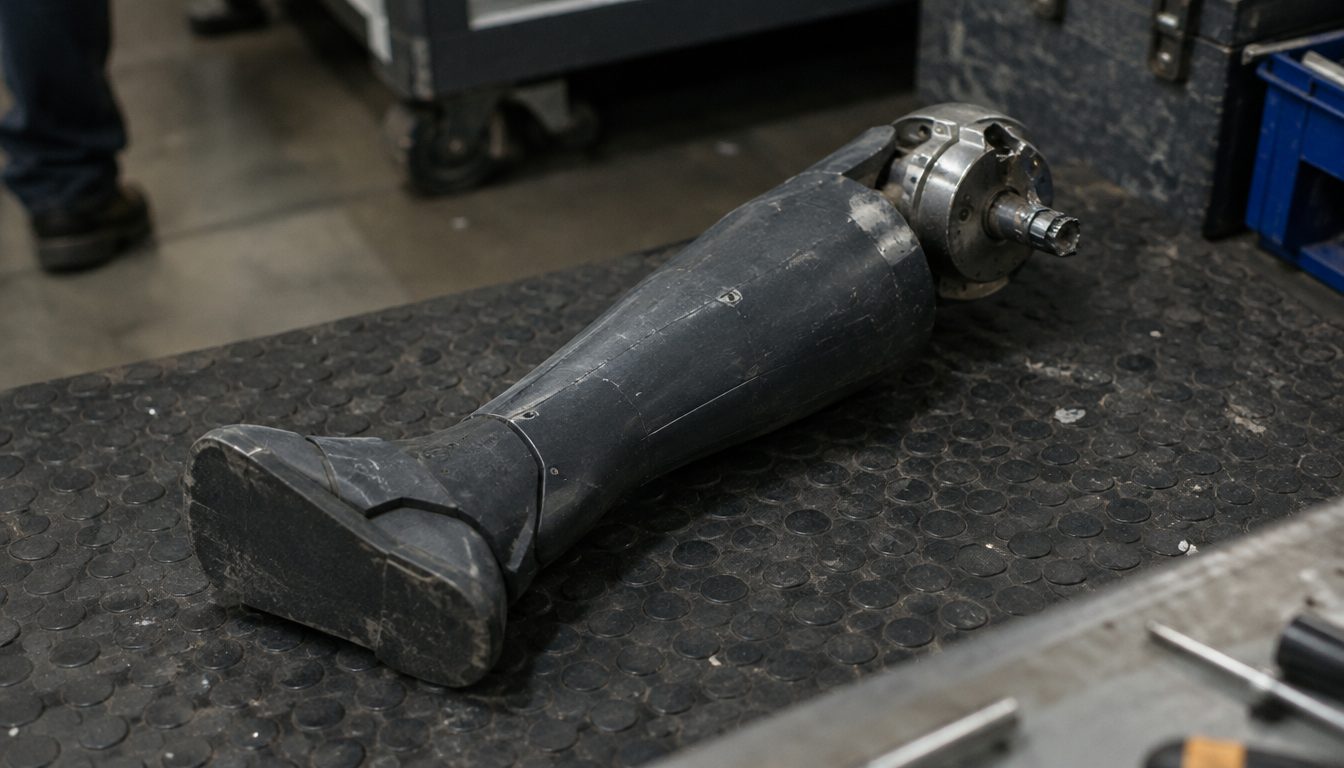 A detached robot shin and foot on a black mat with an exposed metal joint at the top