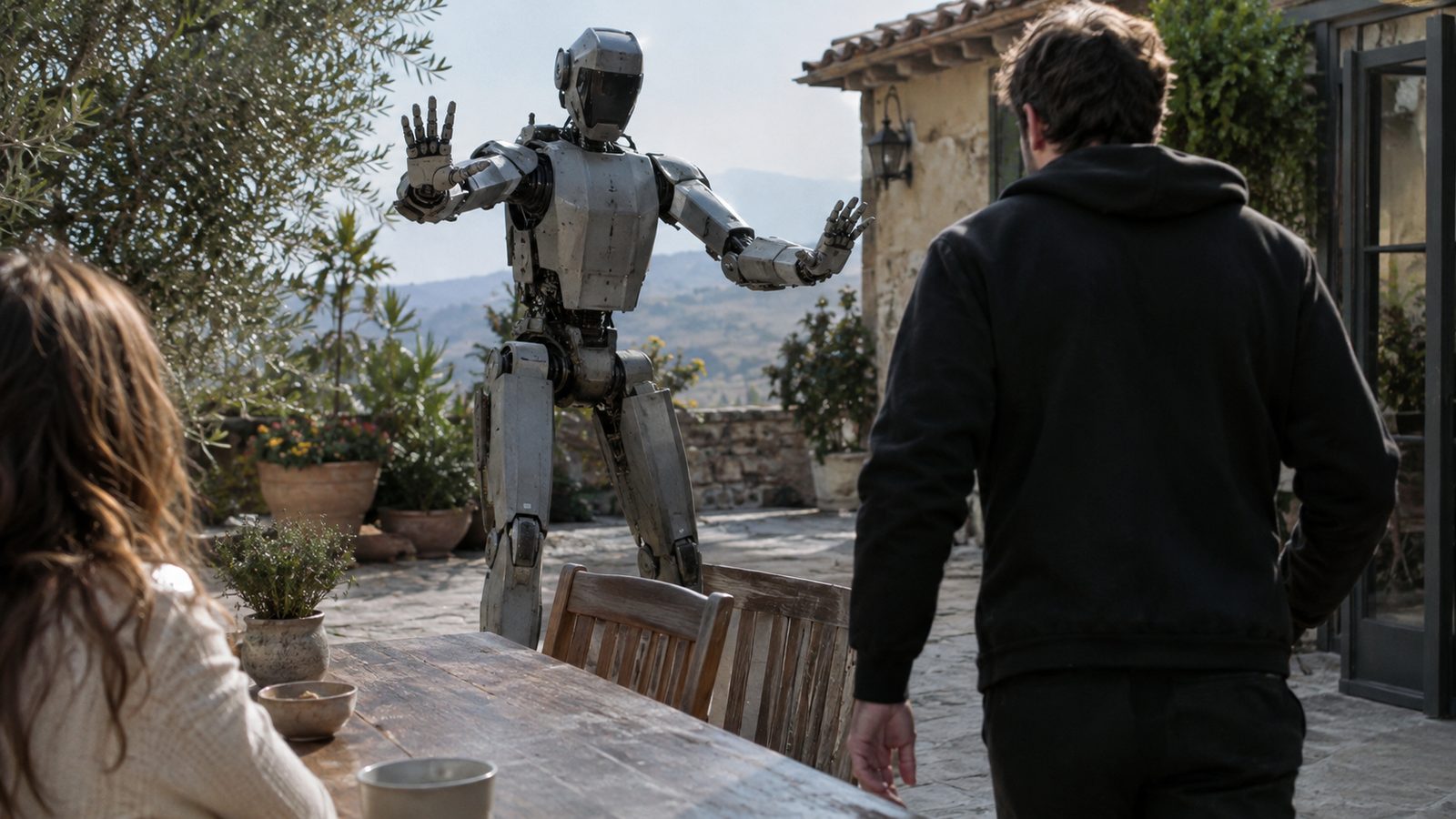 A humanoid robot stands between a man in a hoodie and a seated woman in a courtyard