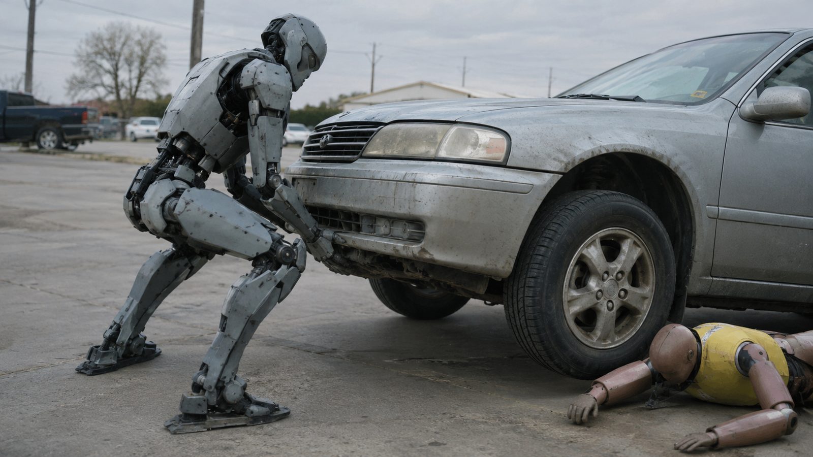 A humanoid robot lifts the front of a car next to a dummy lying on the ground