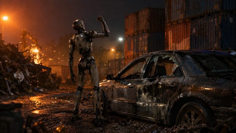 A tall grey humanoid robot stands next to a dented car in a scrapyard at night