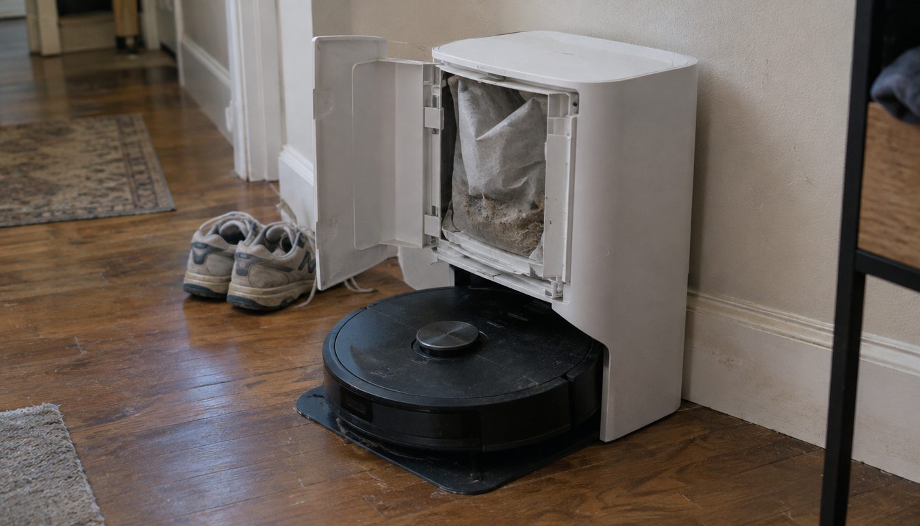 A robot vacuum dock with its front open, showing a half-full dust bag