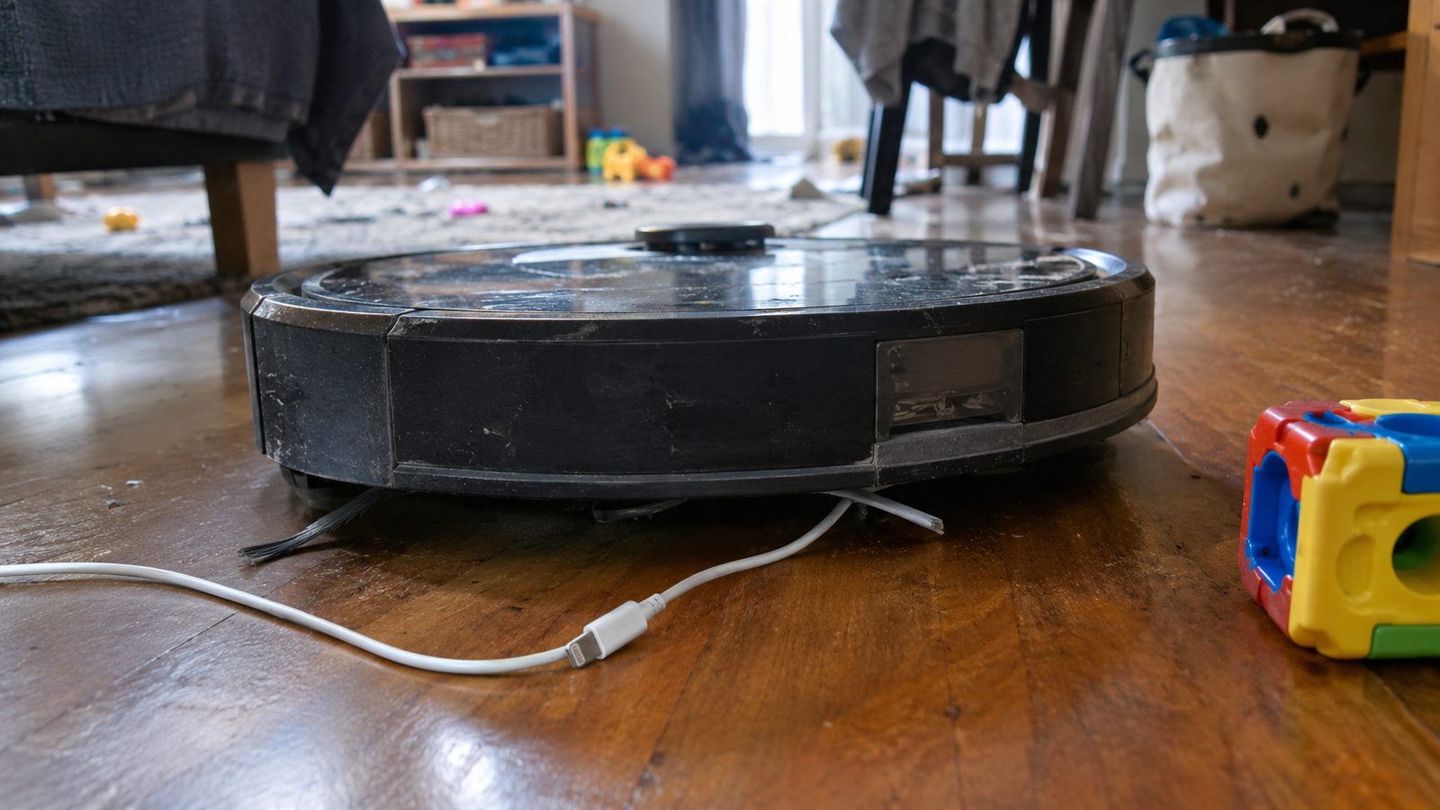 A robot vacuum stuck on a charging cable next to a toy block