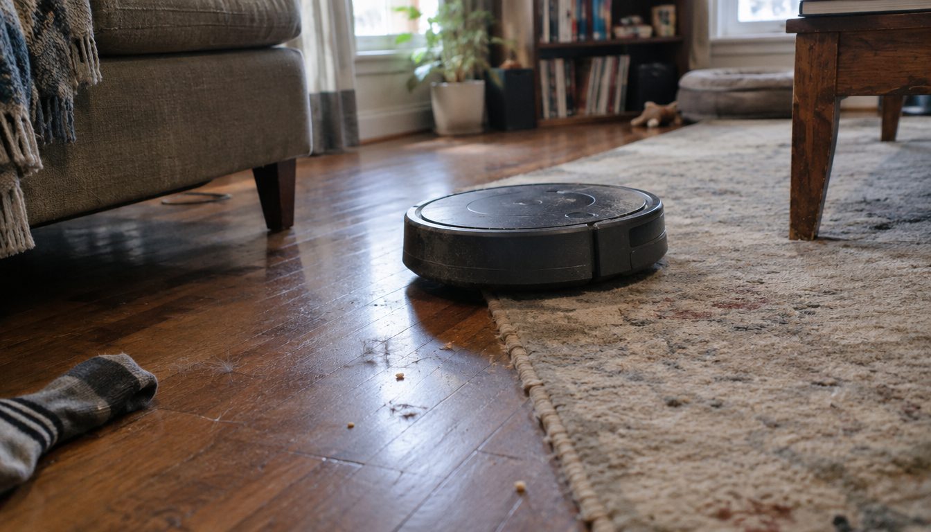 A round robot vacuum moving from a rug onto a hardwood floor in a lived-in living room