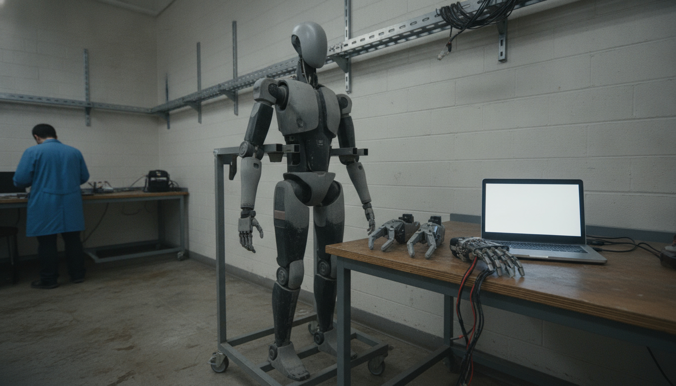 Small humanoid robot on a lab stand with two sets of detachable robot hands on a bench in front of it