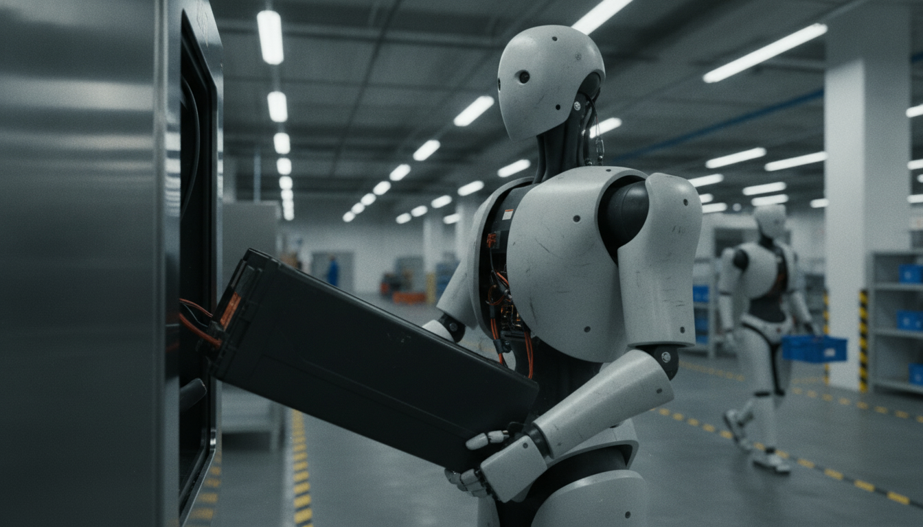 Human-sized humanoid robot swapping a battery pack from its own back at a rack in a factory aisle