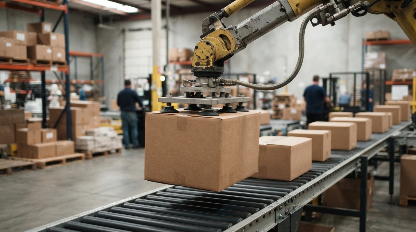 A suction-cup gripper lifting a cardboard box from a conveyor