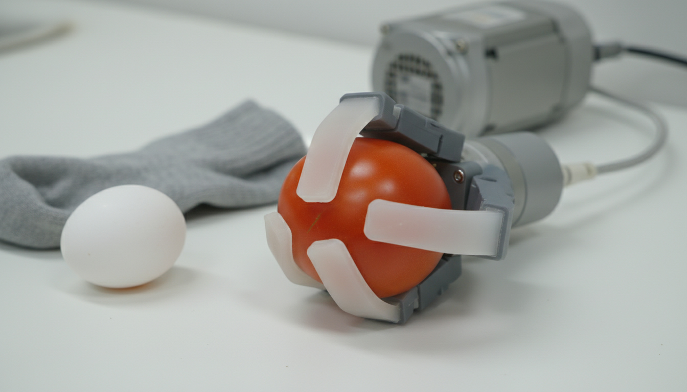 A three-fingered soft gripper wrapping around a tomato, with an egg and a sock beside it