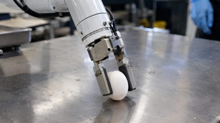 A two-jaw robot gripper closing carefully on an egg on a steel bench