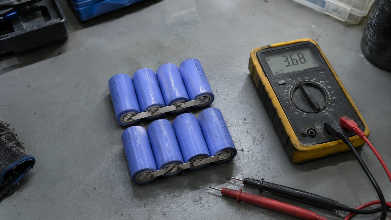 Eight cylindrical lithium cells arranged in two rows of four with connecting strips and a multimeter