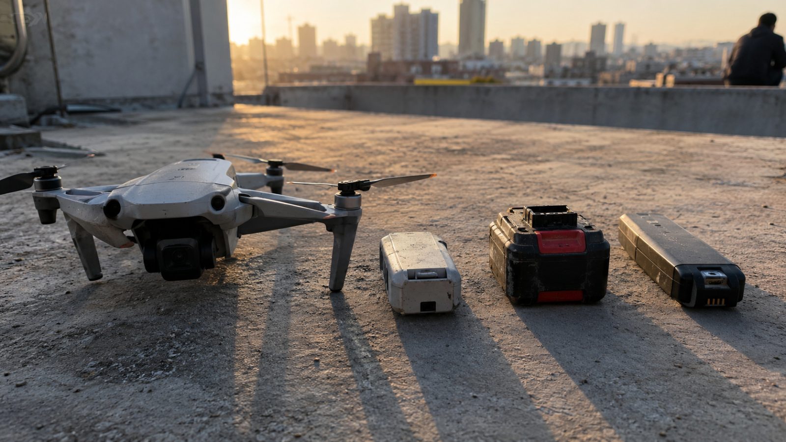 Three different battery packs laid in a row on concrete beside a small quadcopter