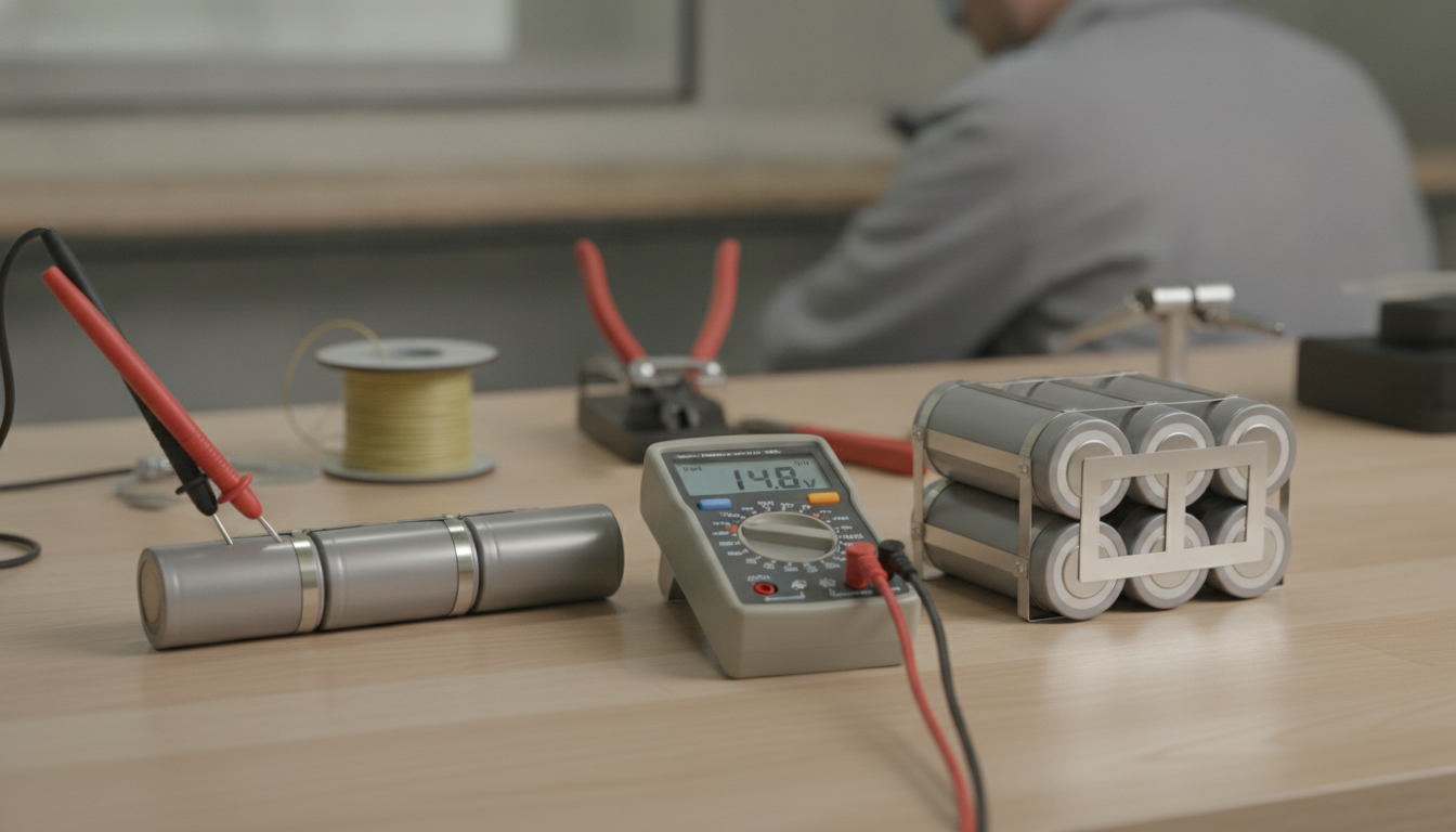 Cylindrical battery cells joined in a chain of four and a block of eight on a workbench next to a multimeter