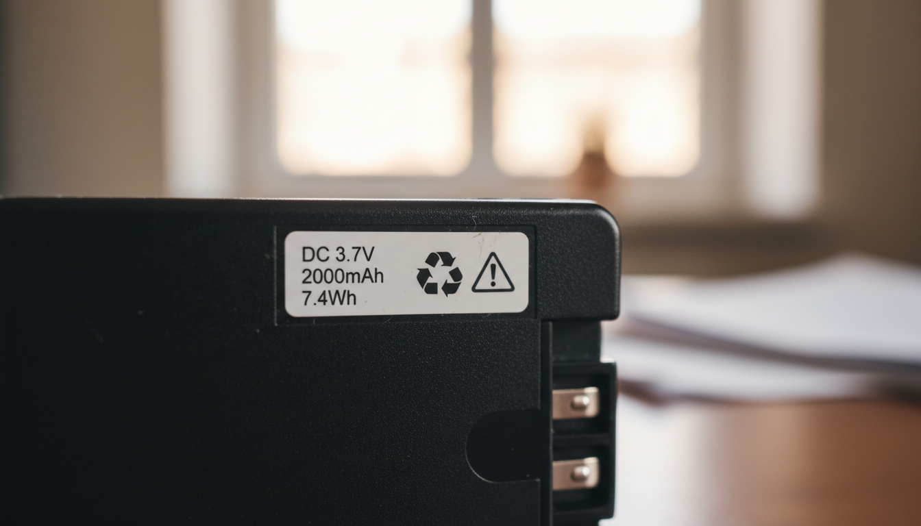 Close-up of a battery label showing voltage, milliamp-hours and watt-hours in small white print