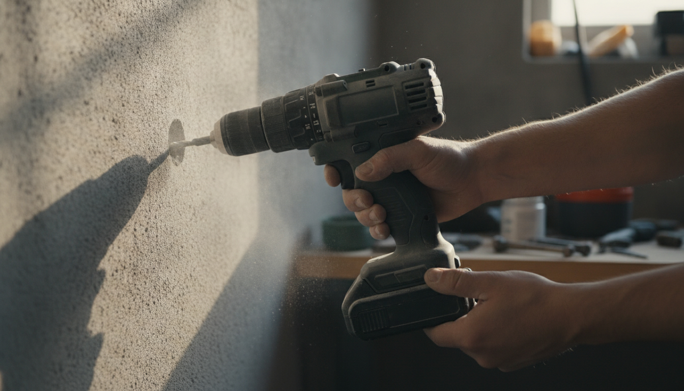 A hand removing a battery pack from a cordless drill paused against a concrete wall