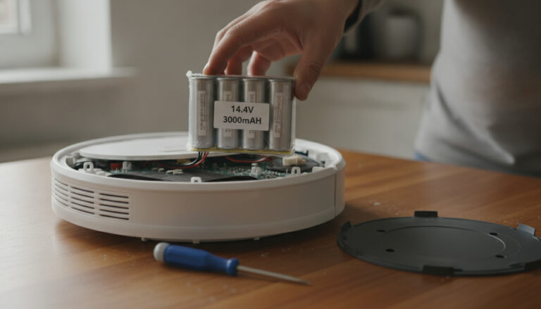 A hand holding a four-cell battery pack taken out of an opened robot vacuum on a kitchen table
