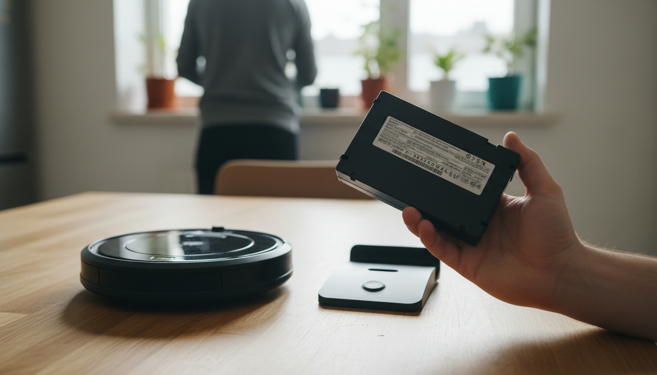 A hand holding a plain black battery pack with a printed spec label, beside a round floor-cleaning robot on a kitchen table