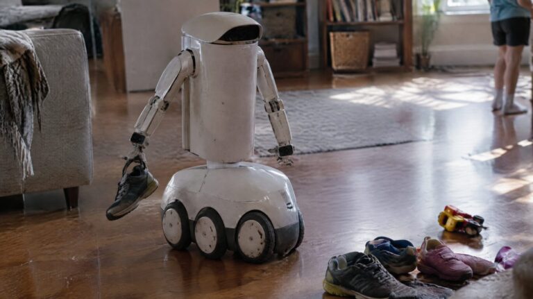 Short two-armed robot on a wheeled base picking up a child's shoe in a living room