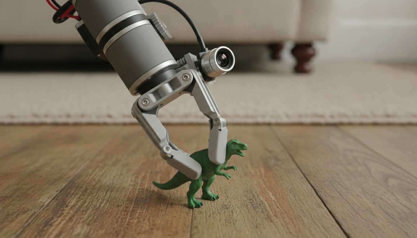 Close-up of a two-finger robot grip with a small camera at the wrist lifting a toy