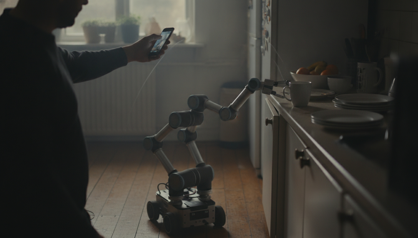 Person moving a phone through the air while a small robot's arm copies the motion toward a mug