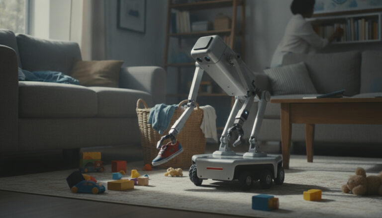 Small two-armed wheeled robot picking up a child's shoe in a living room